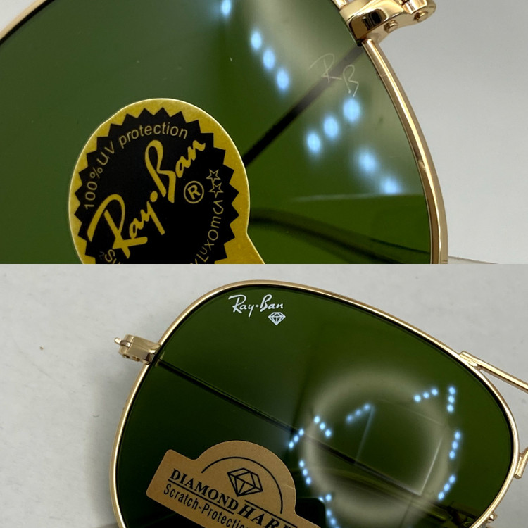 عینک آفتابی خلبانی AVIATOR ریبن rayban شیشه سنگ طلایی سبز سایز 3026 فول پک اورجینال