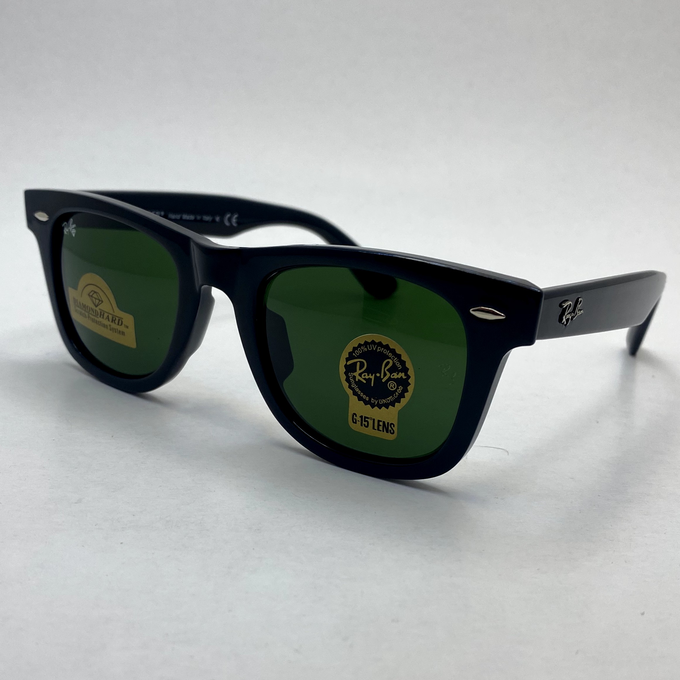 عینک آفتابی ویفرر ریبن rayban WAYFARER شیشه سنگ سبز فریم براق سایز 50 به همراه پک کامل اورجینال rb2140