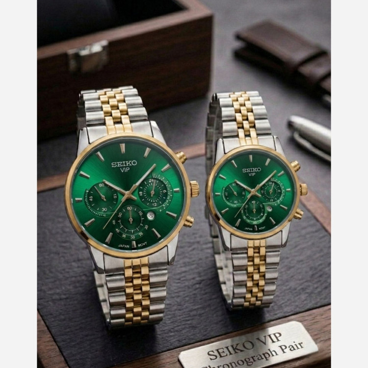 ست ساعت مردانه زنانه سیکو seiko vip بند استیل نقره ای طلایی صفحه سبز