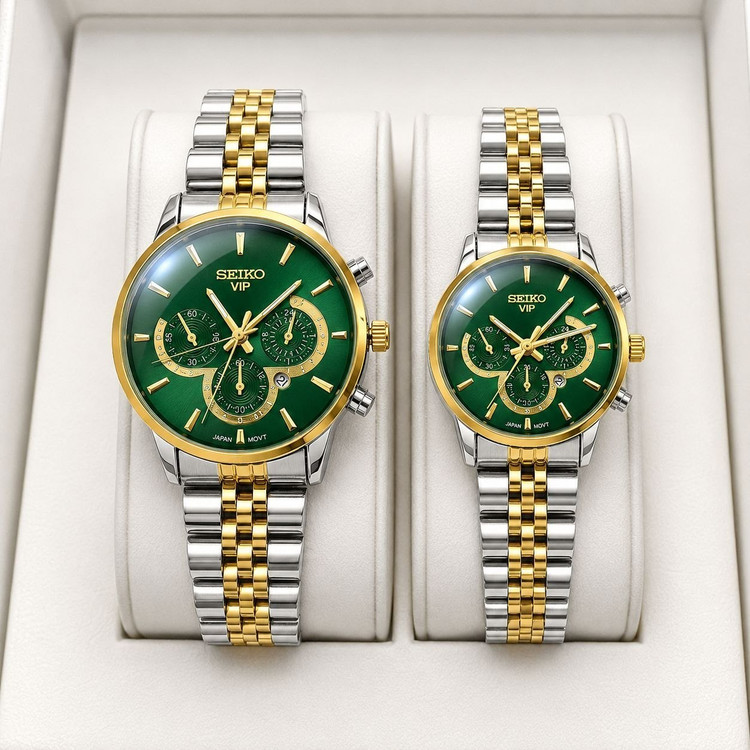 ست ساعت مردانه زنانه سیکو seiko vip بند استیل نقره ای طلایی صفحه سبز