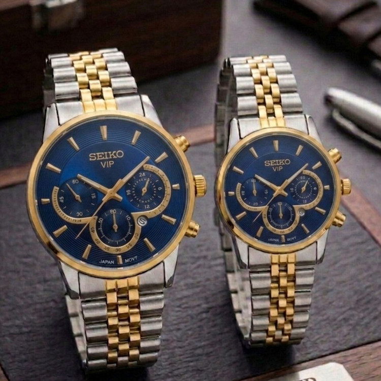 ست ساعت مردانه زنانه سیکو seiko vip بند استیل نقره ای طلایی صفحه سرمه ای