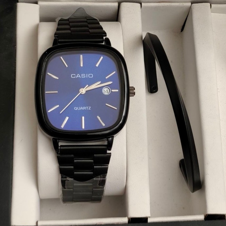 ست ساعت مردانه کاسیو casio اولدمانی مشکی صفحه آبی با دستبند بنگل و گردنبند و حلقه