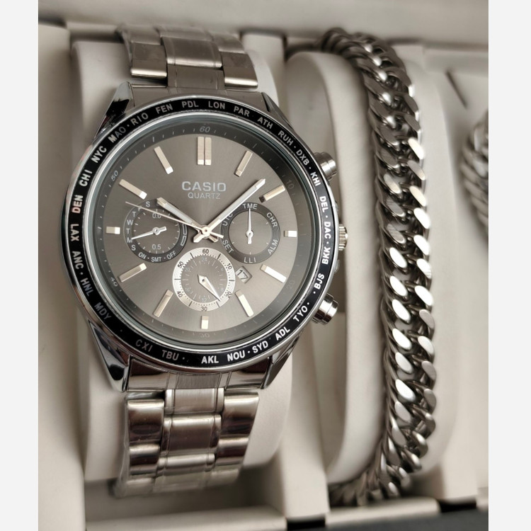ست ساعت مردونه کاسیو casio با دستبند و گردنبند کارتیر و حلقه استیل