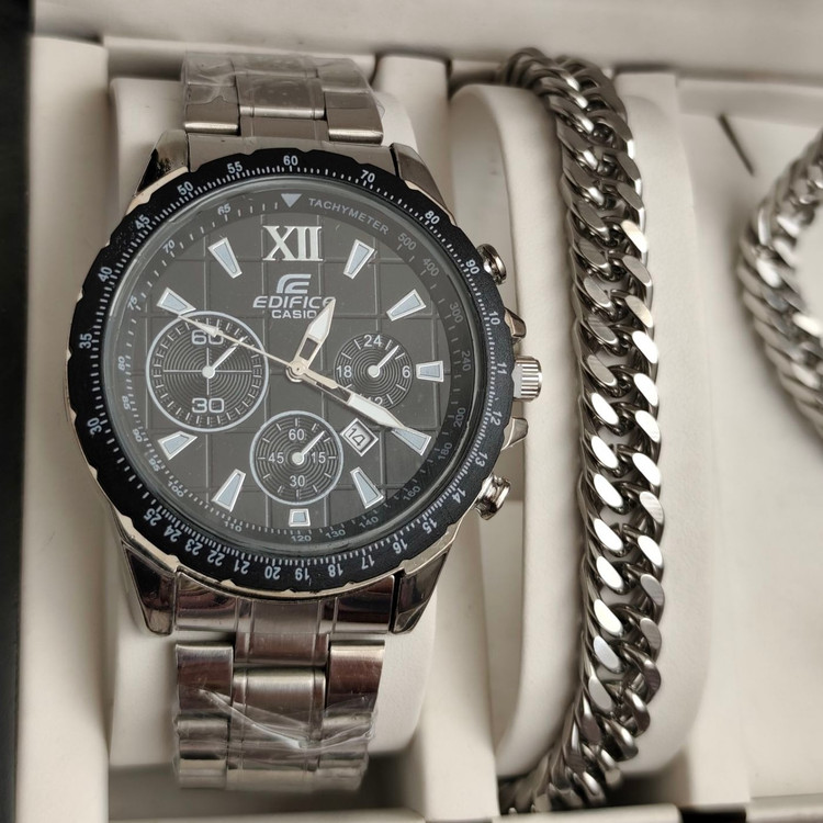 ست ساعت مردانه کاسیو ادیفایس casio با دستبند و گردنبند کارتیر و حلقه استیل