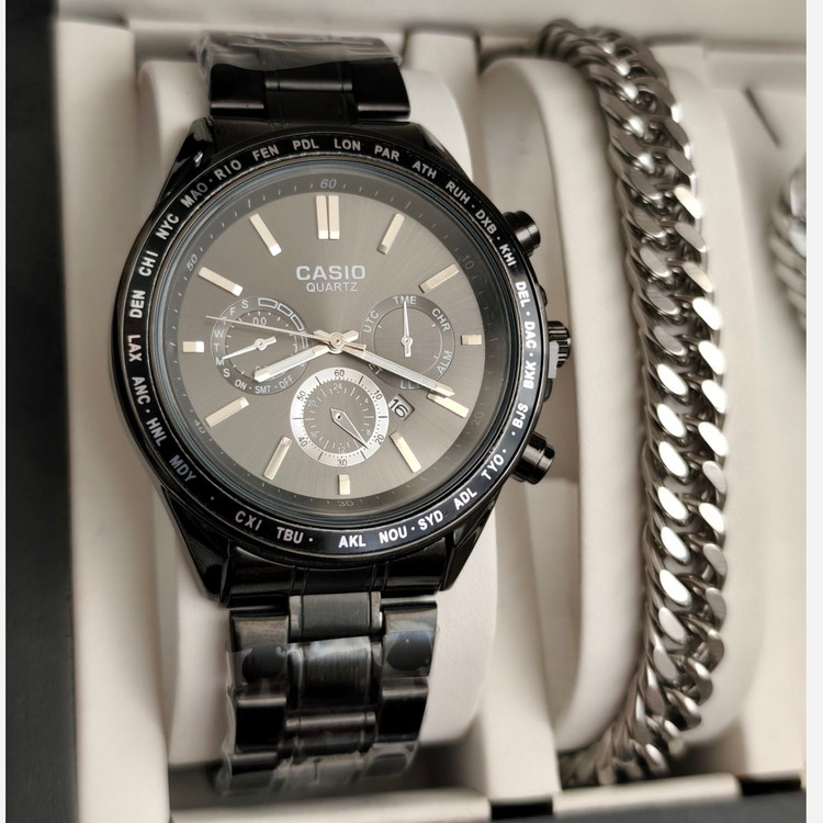 ست ساعت مردونه کاسیو casio با دستبند و گردنبند کارتیر و حلقه استیل