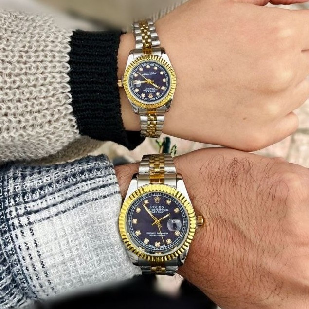 ساعت مردانه و زنانه رولکس rolex کیفیت عالی رنگ طلایی نقره ای با صفحه مشکی