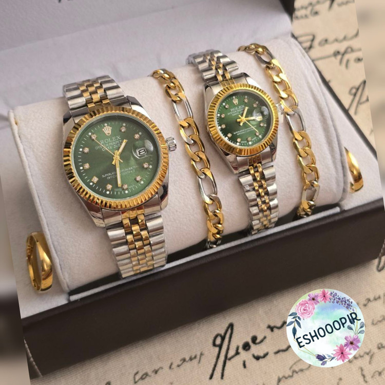 ساعت زنانه و مردانه رولکس Rolex ست با دستبند و انگشتر صفحه سبز با ارسال رایگان