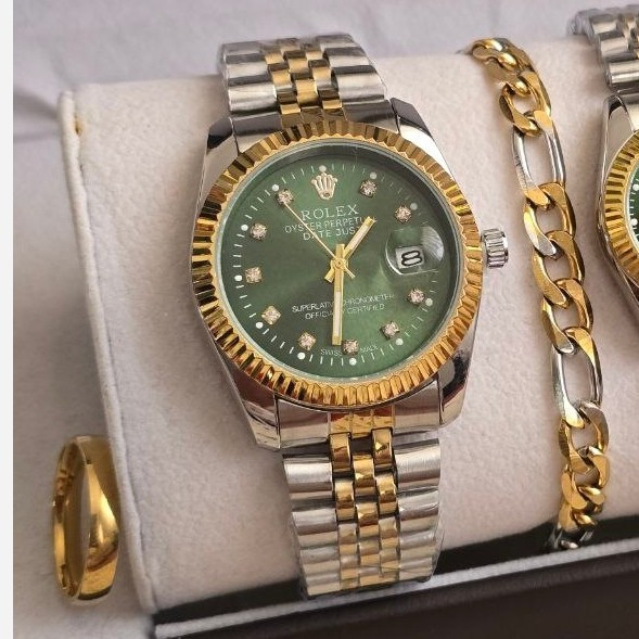 ساعت زنانه و مردانه رولکس Rolex ست با دستبند و انگشتر صفحه سبز با ارسال رایگان
