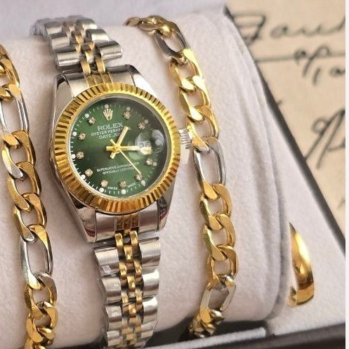 ساعت زنانه و مردانه رولکس Rolex ست با دستبند و انگشتر صفحه سبز با ارسال رایگان