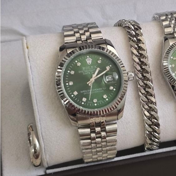 ساعت زنانه و مردانه رولکس Rolex ست با دستبند و انگشتر صفحه سبز با ارسال رایگان
