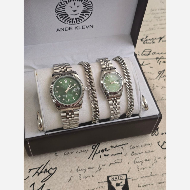 ساعت زنانه و مردانه رولکس Rolex ست با دستبند و انگشتر صفحه سبز با ارسال رایگان