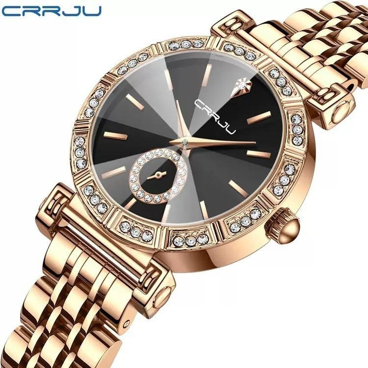 ساعت سرجیو زنانه اورجینال crrju مدل 5011 نگین دار بند رزگلد صفحه مشکی