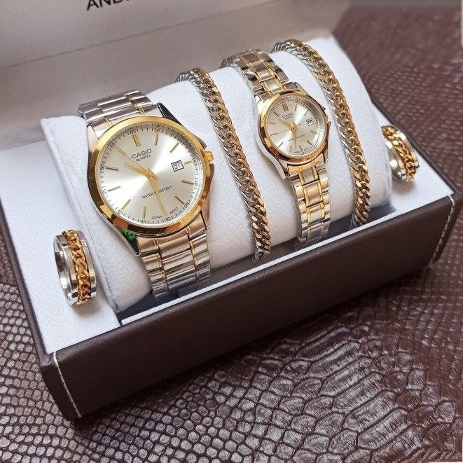 ست ساعت مردانه زنانه کاسیو casio بند طلایی نقره ای استیل
