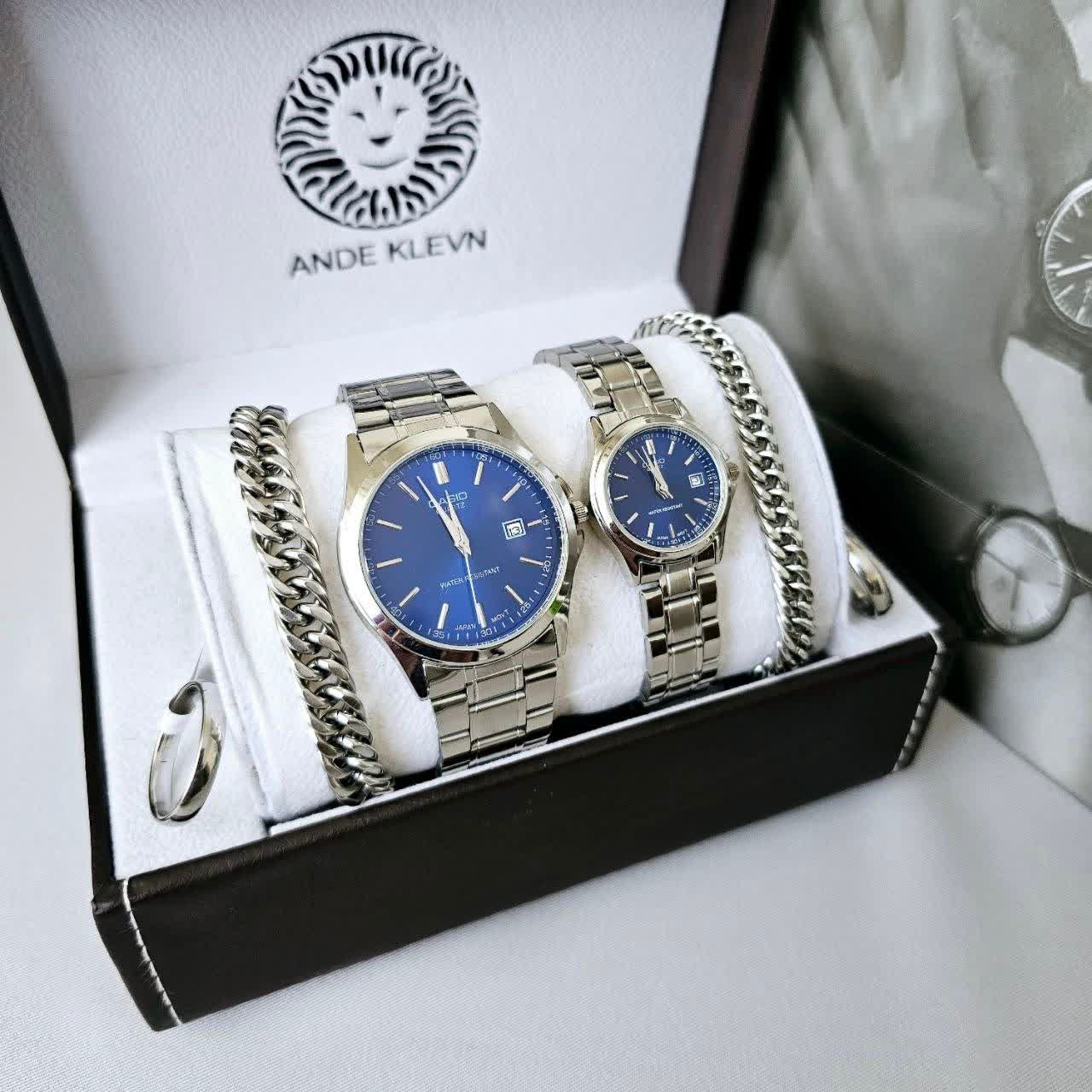 ست ساعت مردونه و زنونه کاسیو casio نقره ای با صفحه آبی