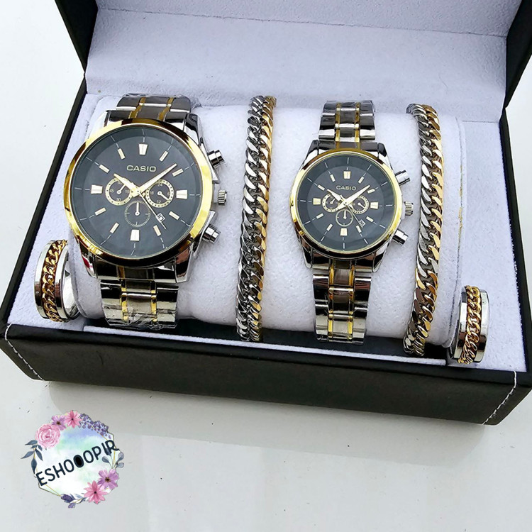 ست ساعت مردونه و زنونه کاسیو casio با دستبند و انگشتر ست صفحه مشکی با بند طلایی نقره ای رنگ ثابت با ارسال رایگان