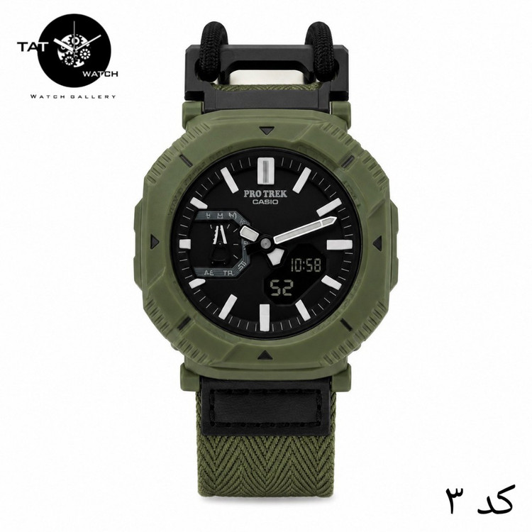 ساعت مردانه کاسیو پروترک PRJB001 با جعبه بند برزنتی کشی موتور ژاپن فول آپشن ساعت مچی کوهنوردی کمپینگ Casio Protrek