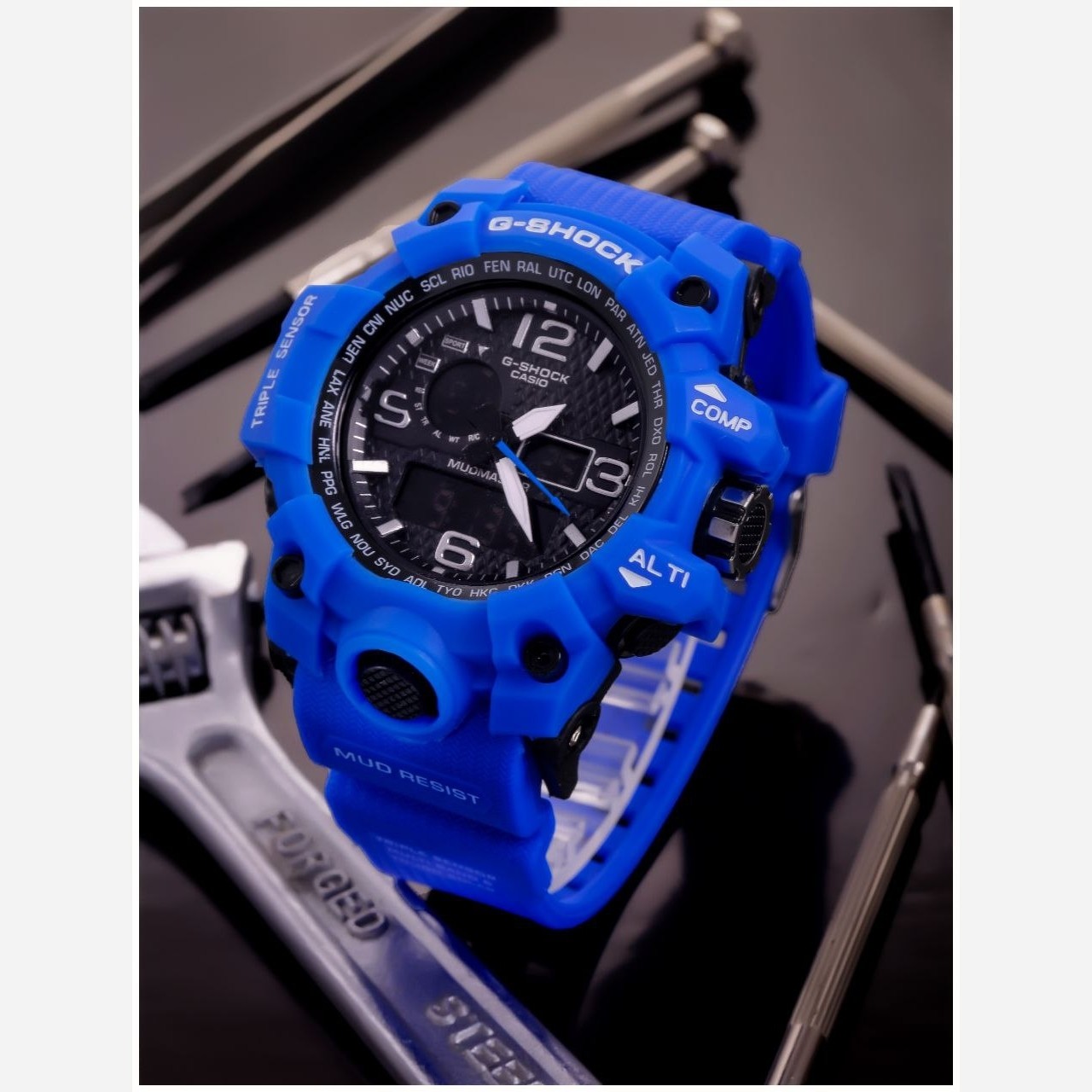 ساعت کاسیو جیشاک دو زمانه آنالوگ و دیجیتال با جعبه رنگ آبی casio G-shock