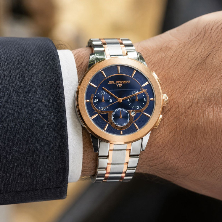 ساعت مردانه استیل رزگلد صفحه سرمه ای طرح سه موتور بلیزر رفرانس 3132