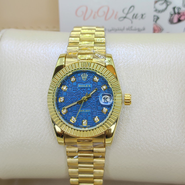 ساعت مچی رولکس ROLEX زنانه قفل اصلی کیفیت عالی AAA صفحه آبی حکاکی دیت جاست