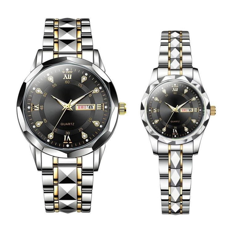 ست ساعت مچی عقربهای زنانه و مردانه مدل کوارتز دو تقویم دی دیت الماسی کد 10
