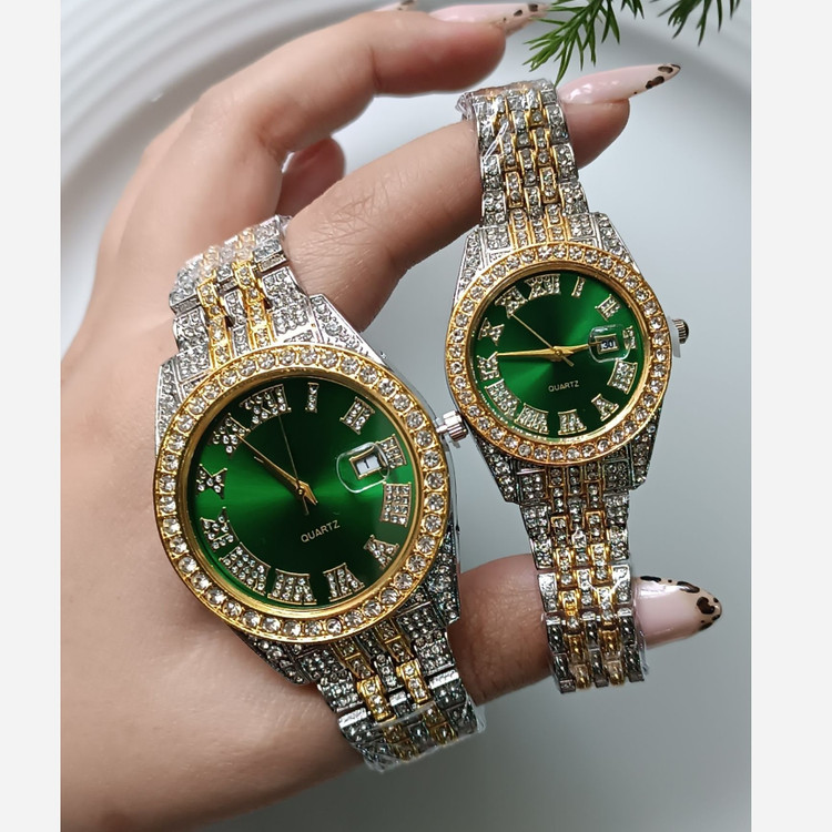 ساعت فول نگین ست طلایی نقره ای صفحه سبز