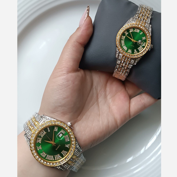 ساعت فول نگین ست طلایی نقره ای صفحه سبز