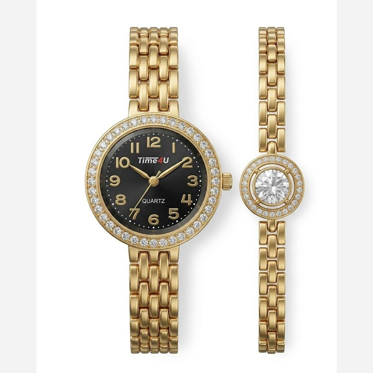 ساعت زنانه و دستبند نگینی طلایی+جعبه هدیه+ گارانتی