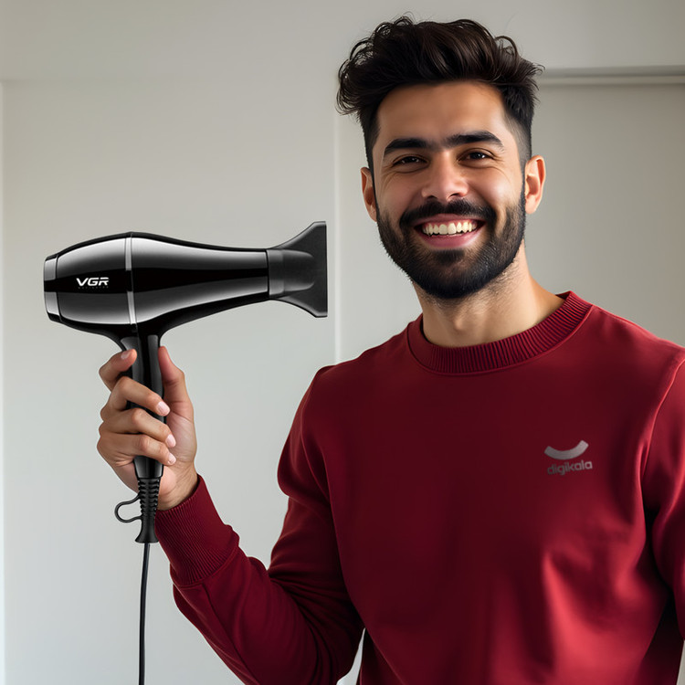سشوار حرفهای 2200 وات وی جی ار مدل V-414، موتور AC، وزن 802 گرم، المنت سرامیک تورمالین، دارای سری متمرکزکننده باریک، متمرکزکننده پهن با ویژگی صافکنندگی، حجمدهندگی، با قابلیت تنظیم دما، فناوری تولید یون