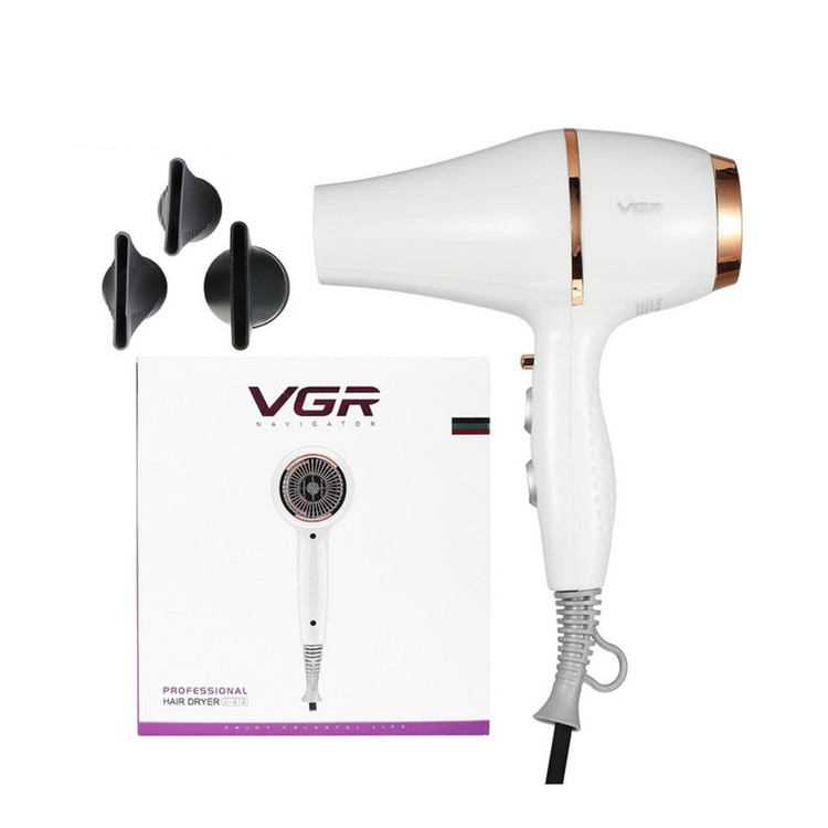 سشوار حرفهای 2200 وات وی جی ار مدل V-414، موتور AC، وزن 802 گرم، المنت سرامیک تورمالین، دارای سری متمرکزکننده باریک، متمرکزکننده پهن با ویژگی صافکنندگی، حجمدهندگی، با قابلیت تنظیم دما، فناوری تولید یون