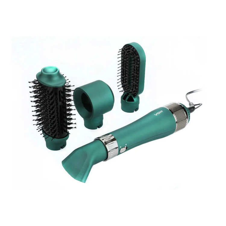 سشوار برسدار حالتدهنده 1000 وات وی جی ار مدل V-493، موتور DC، وزن 300 گرم، المنت سرامیک، دارای سری متمرکزکننده باریک، متمرکزکننده پهن، سری برسدار گرد پهن، سری برسدار تخت با ویژگی صافکنندگی، حجمدهندگی، با قابلیت باد سرد
