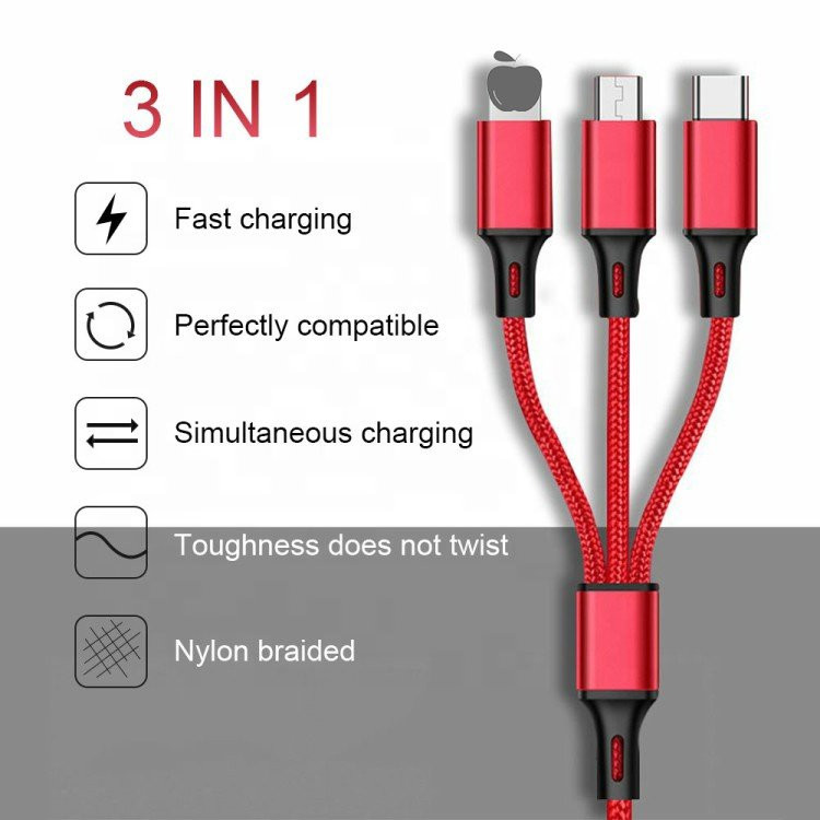 کابل تبدیل USB به microUSB / لایتنینگ / USB-C مدل MIX3 طول 1.2 متر