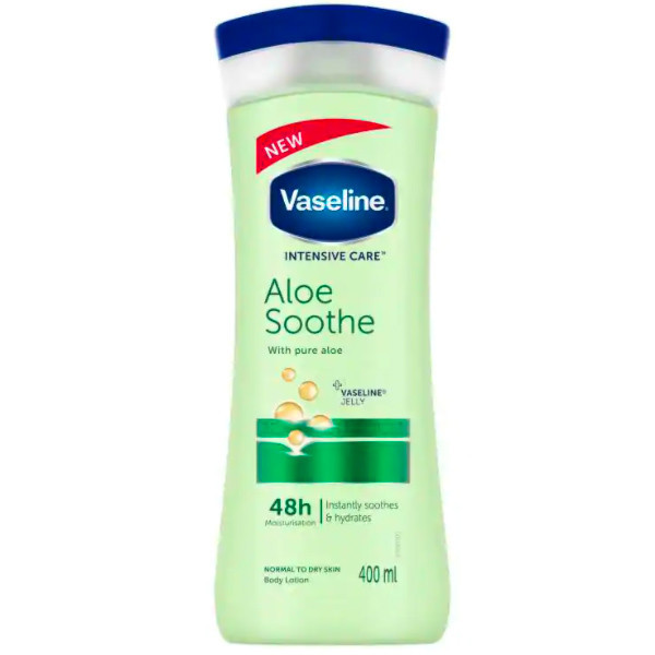 لوسیون بدن وازلین مدل Aloe Soothe حجم 400 میلیلیتر نرمکننده و آبرسان پوست خشک و معمولی با عصاره آلوئه ورا جذب سریع و حفظ لطافت و نرمی پوست بعد از استحمام