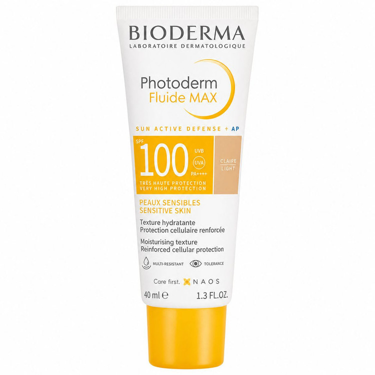 فلوئید ضد آفتاب رنگی دست، صورت بایودرما SPF 100 مدل Photoderm Fluide MAX محافظ در برابر اشعه UVA و UVB مناسب برای پوست حساس حجم 40 میلیلیتر