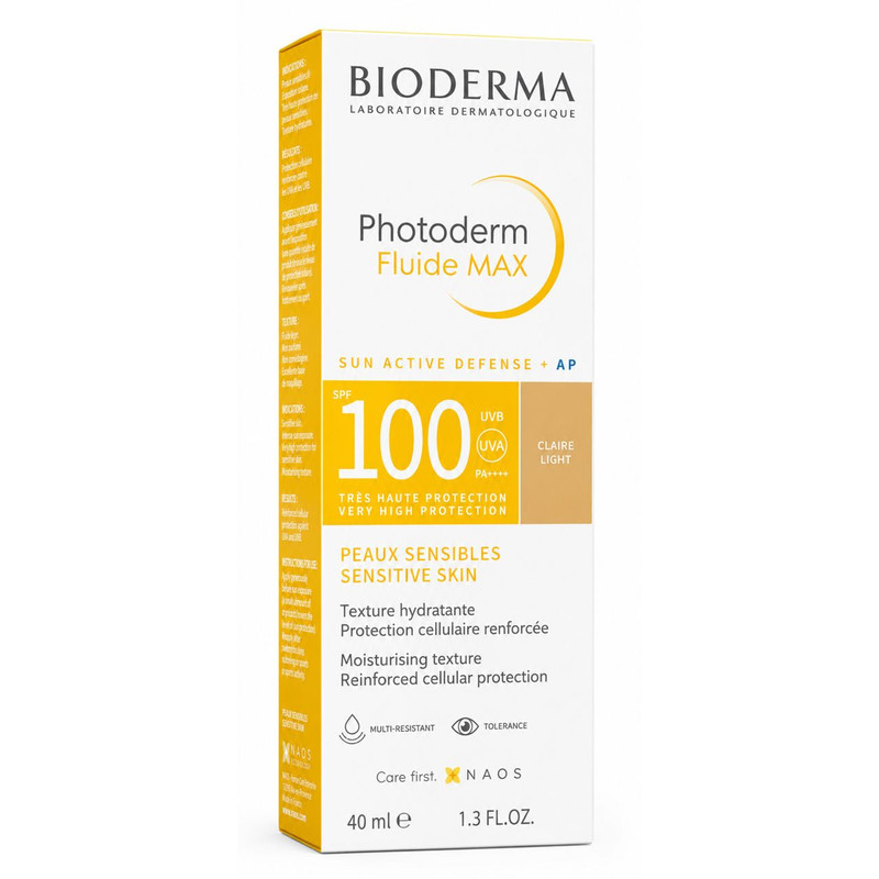 فلوئید ضد آفتاب رنگی دست، صورت بایودرما SPF 100 مدل Photoderm Fluide MAX محافظ در برابر اشعه UVA و UVB مناسب برای پوست حساس حجم 40 میلیلیتر