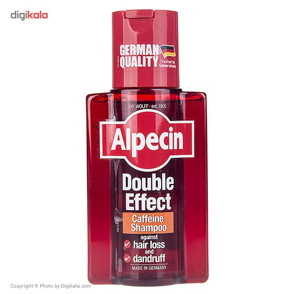 شامپو ضدشوره و تقویتکننده مو آلپسین مردانه مخصوص موهای معمولی، حجم 200 میلیلیتر مدل Double Effect Caffeine، حاوی ویتامینهای A و B3، اسید سالیسیلیک، ضد التهاب و ضد ریزش با عصاره کمپلکس کافئین و نعناع