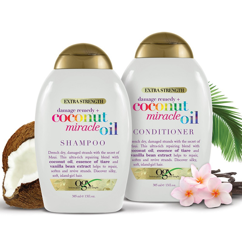 شامپو مو او جی ایکس مدل Coconut Miracle Oil حجم 385 میلیلیتر، نرمکننده، تقویتکننده، ترمیمکننده، درخشانکننده، آبرسان، فاقد پارابن و سولفات، مناسب موهای ضخیم، فر و آسیبدیده