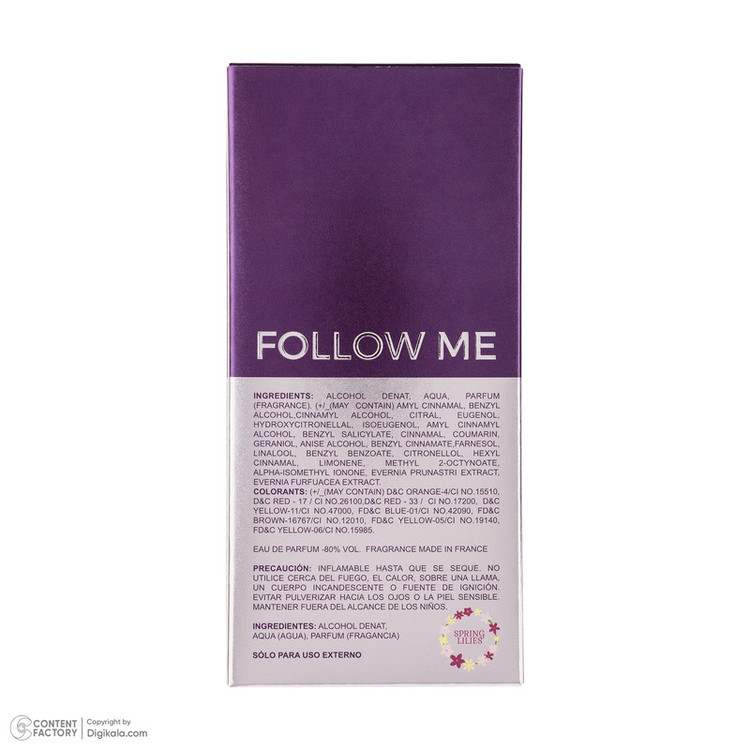 ادوپرفیوم زنانه اسپرینگ لیلیز مدل Follow Me با رایحه خنک حجم 100 میلیلیتر