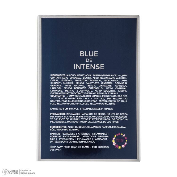 ادو پرفیوم مردانه اسپرینگ لیلیز مدل Blue De Intense با رایحه خنک حجم 100 میلی لیتر