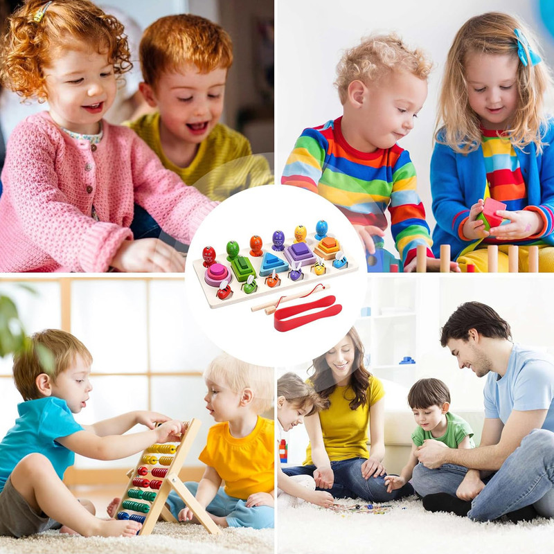 بازی آموزشی مدل مونته سوری چوبی طرح پایه اشکال 5 ستون ماهیگیری و زنبور