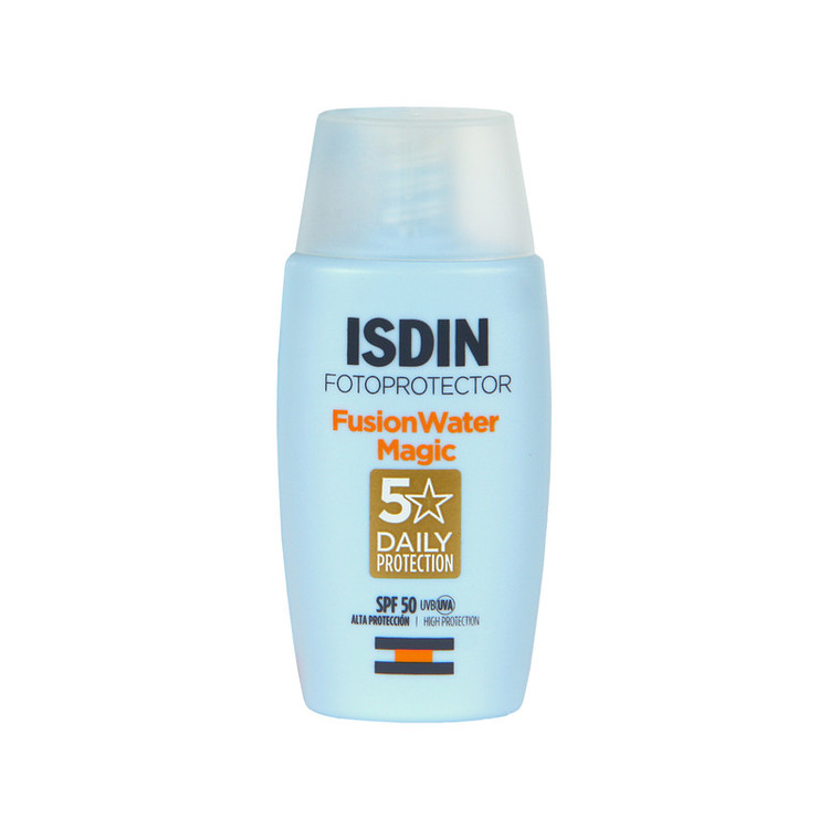 فلوئید ضدآفتاب بدون رنگ ایزدین SPF50 مدل Fusion Water Magic مناسب انواع پوست، حجم 50 میلیلیتر