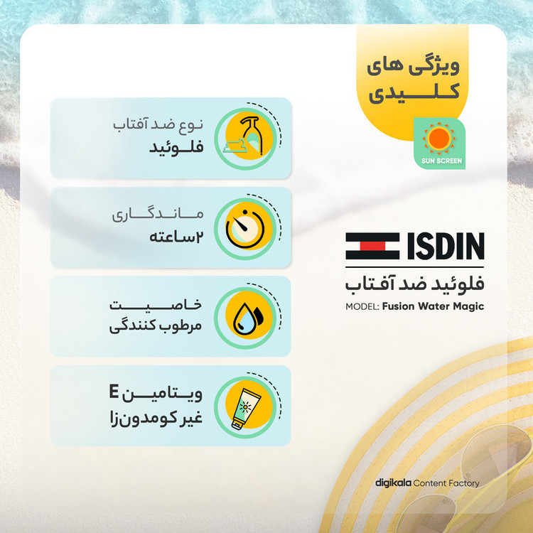 فلوئید ضدآفتاب بدون رنگ ایزدین SPF50 مدل Fusion Water Magic مناسب انواع پوست، حجم 50 میلیلیتر
