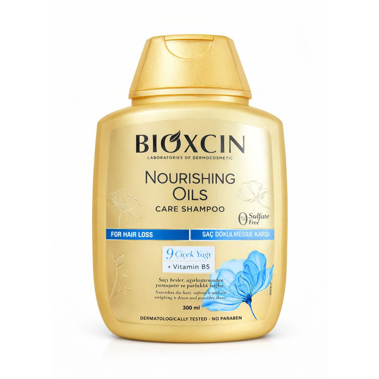 شامپو تقویتکننده و ترمیمکننده مو بیوکسین مدل Nourishing Oils Care حجم 300 میلیلیتر، مناسب انواع مو، فاقد سولفات و پارابن، حاوی 9 نوع روغن گیاهی و ویتامین B5، ملایم و مغذی