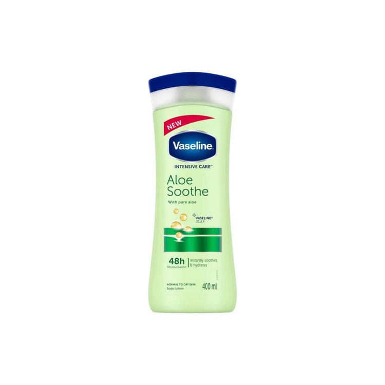 لوسیون نرمکننده بدن وازلین مدل Aloe Soothe حجم 400 میلیلیتر حاوی آلوئه ورا و ویتامین E با ماندگاری رطوبت تا 48 ساعت و مناسب پس از استحمام