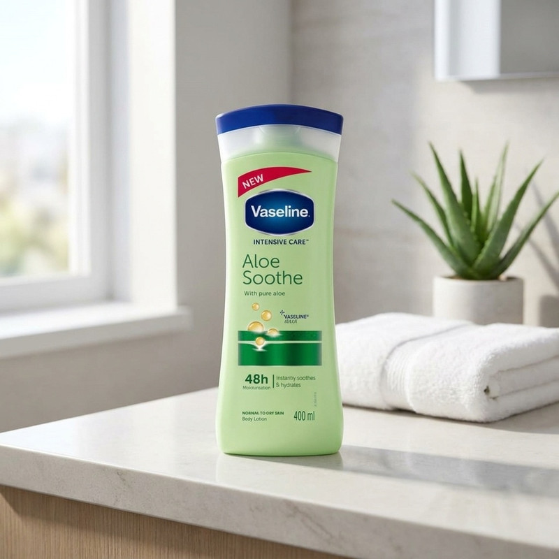 لوسیون نرمکننده بدن وازلین مدل Aloe Soothe حجم 400 میلیلیتر حاوی آلوئه ورا و ویتامین E با ماندگاری رطوبت تا 48 ساعت و مناسب پس از استحمام