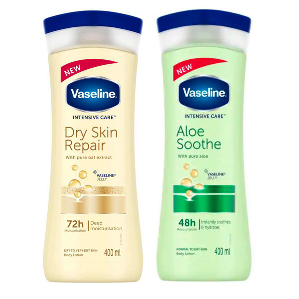 پک لوسیون بدن وازلین مدل DRY INTENSIVE CARE حجم 400 میلی‌لیتر با روغن جو و مدل Aloe SOOTHE حجم 400 میلی‌لیتر با عصاره آلوئه ورا مناسب پوست خشک و حساس، مرطوب‌کننده قوی و التیام‌بخش