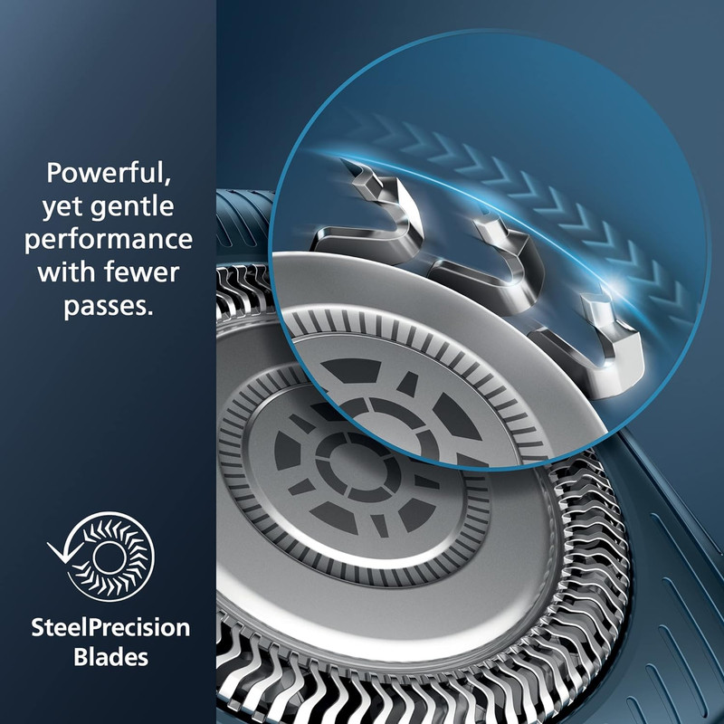 ماشین اصلاح موی صورت فیلیپس مدل S7885 با تیغه چرخشی 360 درجه استیل پیشرفته، قابلیت استفاده خشک و مرطوب، تکنولوژی Skin IQ و Power Adapt برای تنظیم خودکار سرعت، شارژ سریع 5 دقیقهای و ضدآب بودن با امکان استفاده زیر دوش