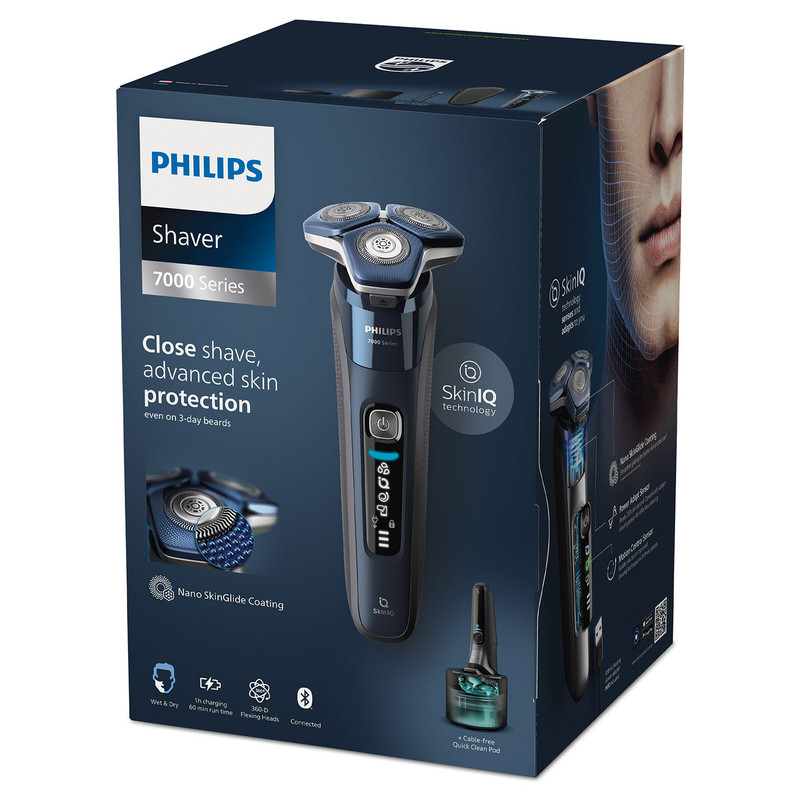 ماشین اصلاح موی صورت فیلیپس مدل S7885 با تیغه چرخشی 360 درجه استیل پیشرفته، قابلیت استفاده خشک و مرطوب، تکنولوژی Skin IQ و Power Adapt برای تنظیم خودکار سرعت، شارژ سریع 5 دقیقهای و ضدآب بودن با امکان استفاده زیر دوش