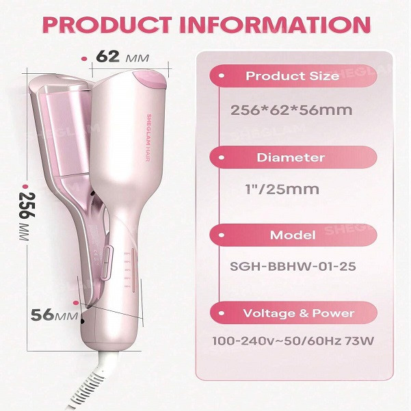 فر کننده مو شیگلم مدل cuppid,s charm Beach Babe Hair Waver سایز 25 با پوشش سرامیک و تنظیم دما تا 210 درجه