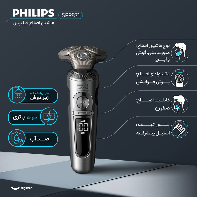 ماشین اصلاح موی صورت فیلیپس مدل SP9871 با 45 تیغه استیل، شارژ بیسیم Qi، قابلیت تنظیم سرعت در 3 حالت، سری چرخشی 360 درجه، ضدآب برای استفاده خشک و مرطوب، باتری لیتیومی 1200 میلیآمپر ساعت و قابلیت اصلاح ریش بلند تا 7 روز