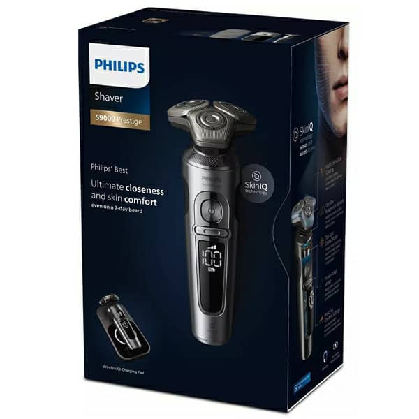 ماشین اصلاح موی صورت فیلیپس مدل SP9871 با 45 تیغه استیل، شارژ بیسیم Qi، قابلیت تنظیم سرعت در 3 حالت، سری چرخشی 360 درجه، ضدآب برای استفاده خشک و مرطوب، باتری لیتیومی 1200 میلیآمپر ساعت و قابلیت اصلاح ریش بلند تا 7 روز